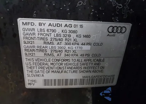 2015 Audi Q7 3.0T Premium from USA, damaged, VIN WA1LGAFEXFD014288
